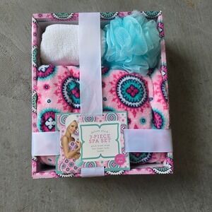 Deluxe Plush 3-Piece‎ Spa Set Pink Paisley Bath Wrap Hair Towel Loofah NIB